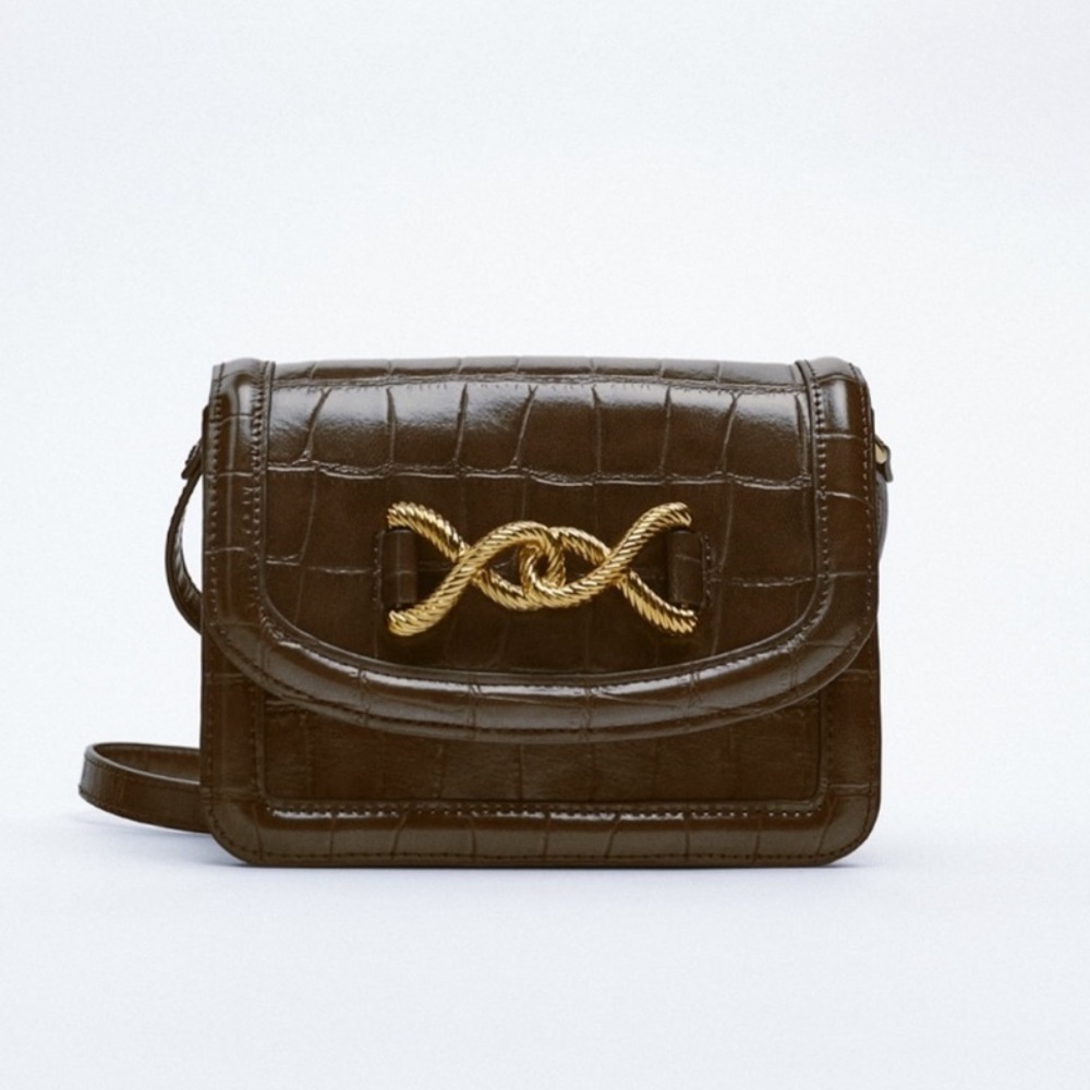 Zara Brown Animal Print Gold Buckle Detail Crossbody Bag